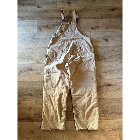 Carhartt Double Knee Insulated Canvas Duck Overalls Brown Distressed Size 46x32 - Picture 2 of 5